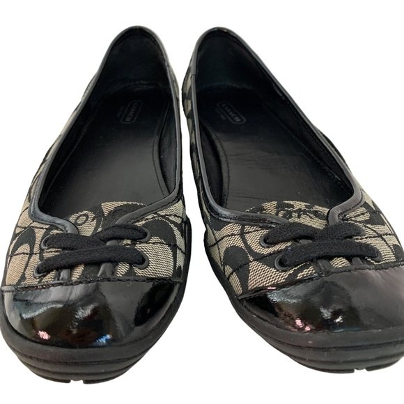Womens 7.5 Coach Dannie Ballet Flats Shoes Monogram Patent Leather Black 6539 - Picture 4 of 16